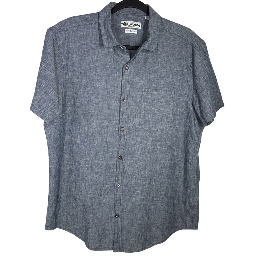 Tallwoods Men Large Washable Linen Cotton Chambray Button-Up Short Sleeve Pocket
